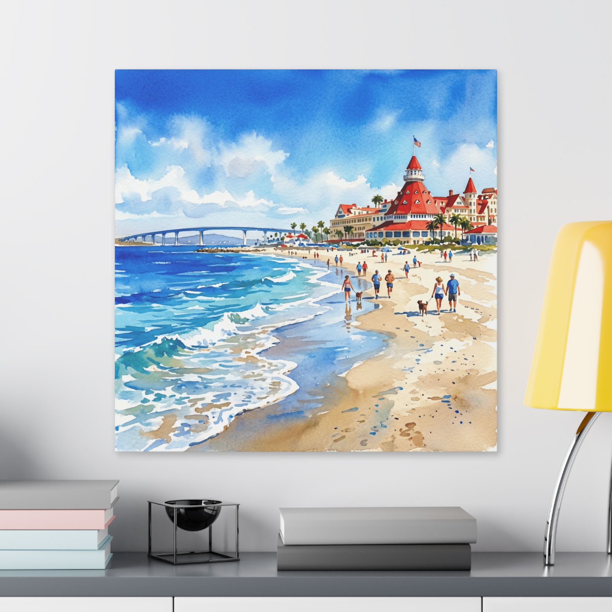 San Diego - Coronado Beach - Coastal Beachfront Hotel Canvas — Vibrant Seaside Watercolor Wall Art
