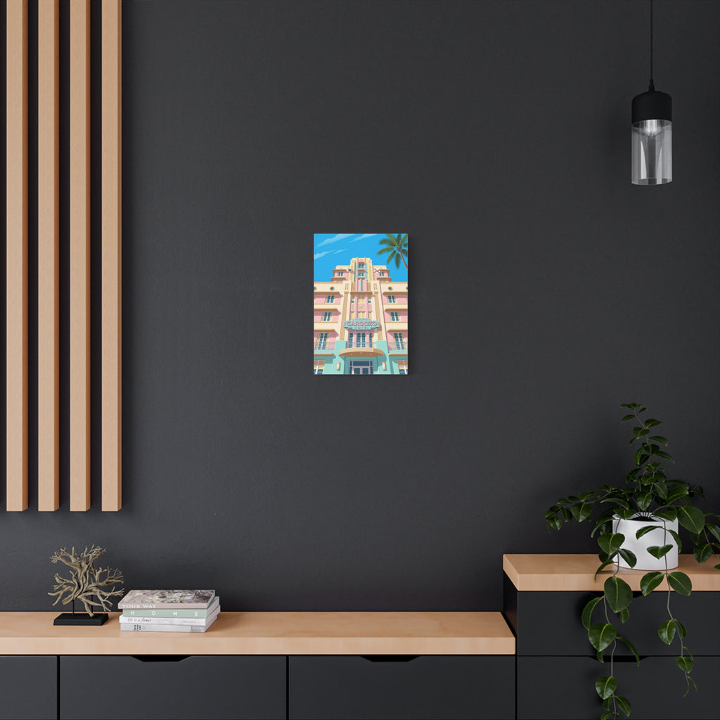 Art Deco Beach Hotel Canvas — Miami Palm Retro Stretched Wall Art