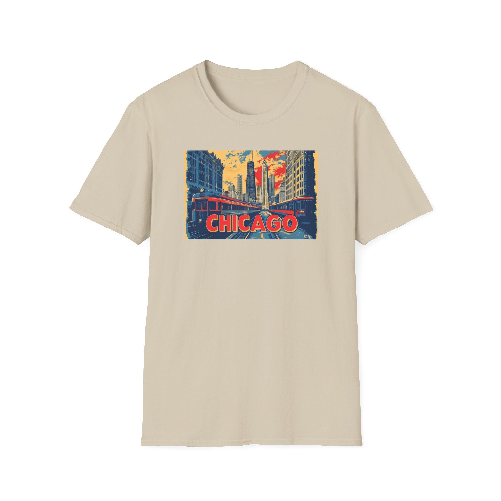 Chicago Cityscape T-Shirt | Vintage Skyline, El Train Poster Style