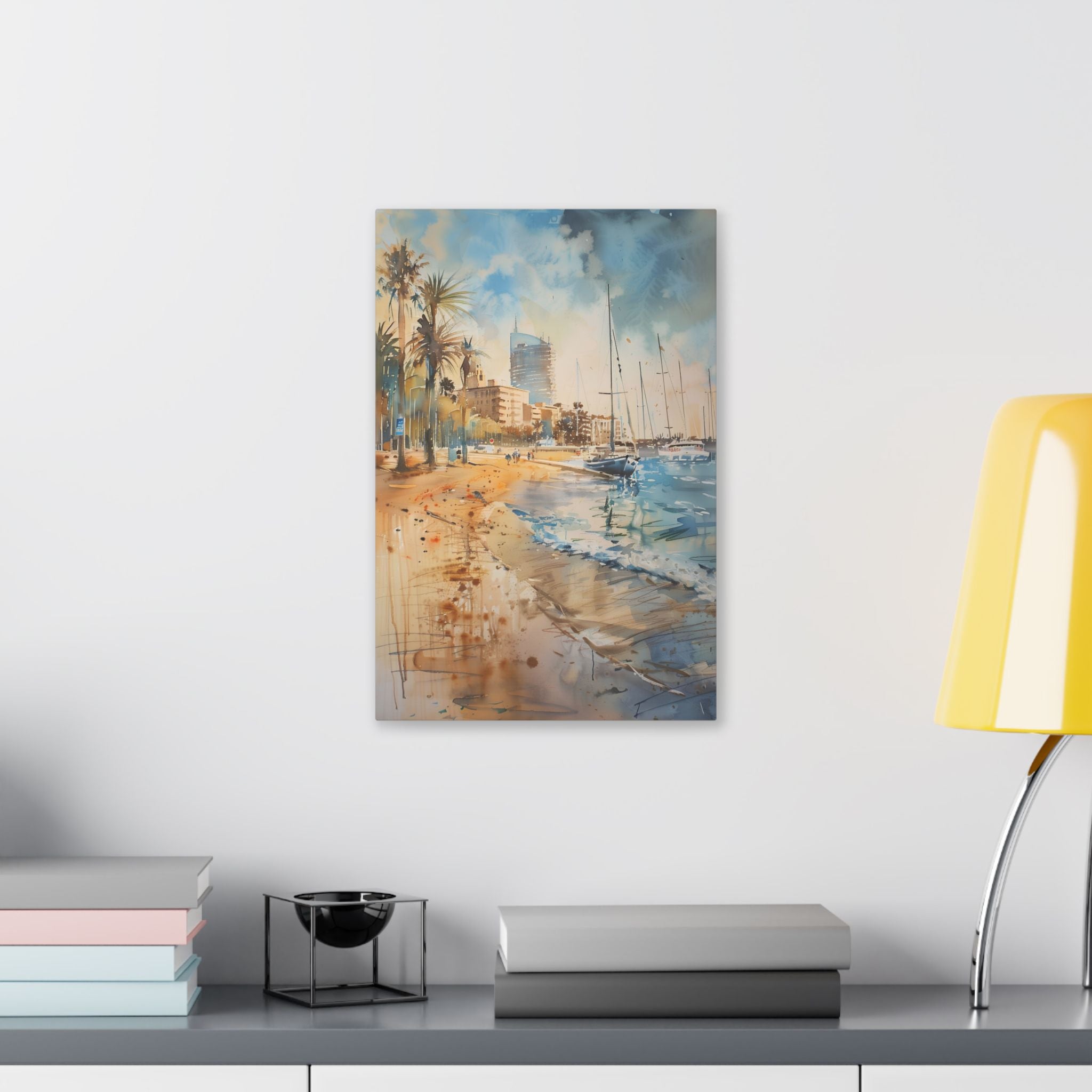 Barcelona Harbour - Mediterranean Seaside Palm Beach Canvas — Coastal Watercolor Stretched Wall Art