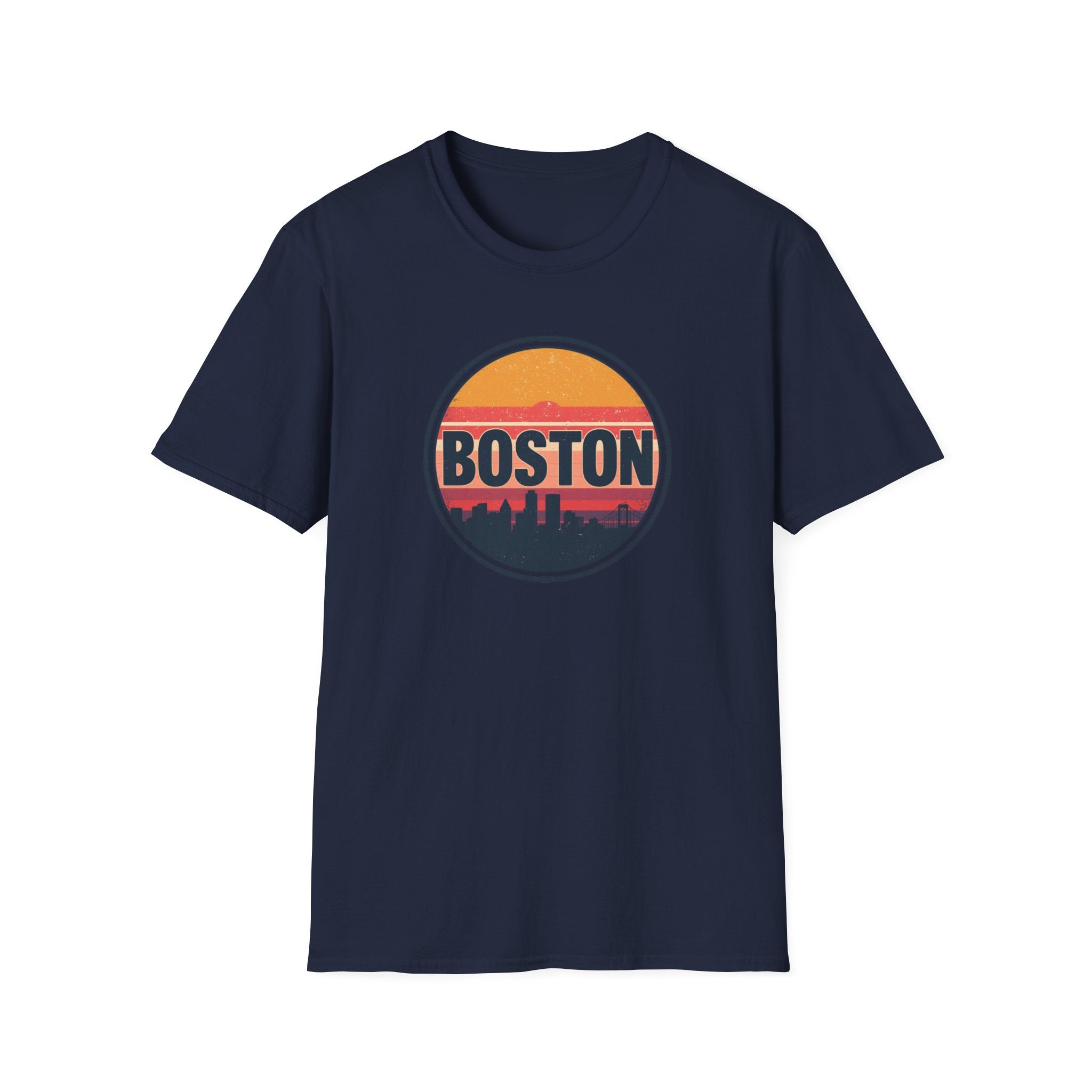 Boston Skyline Circle T‑Shirt — Retro Sunset City Graphic