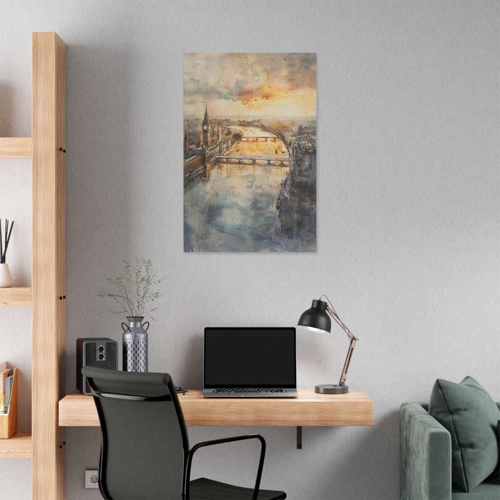 London River Sunset Canvas Print — Watercolor Cityscape Wall Art