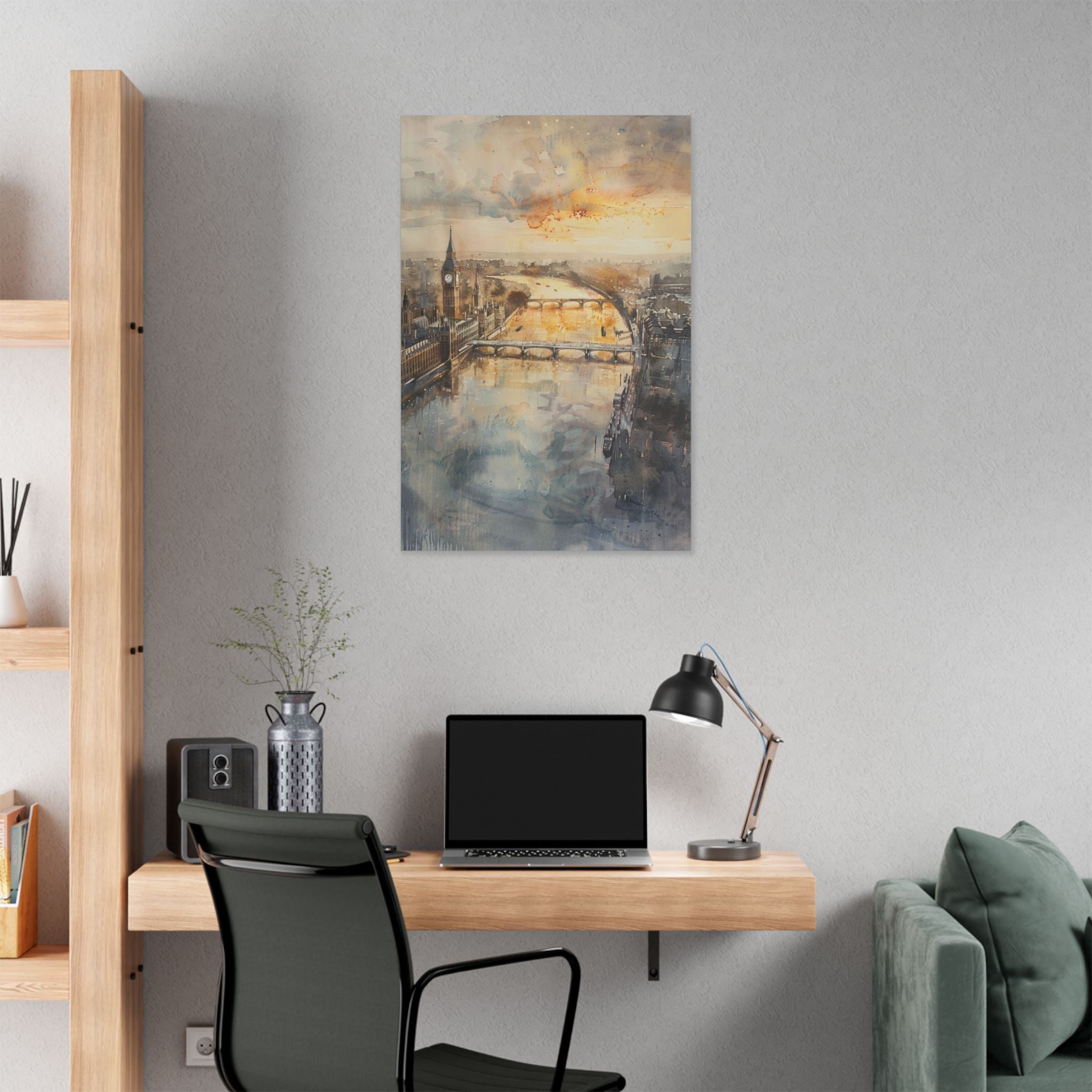 London River Sunset Canvas Print — Watercolor Cityscape Wall Art