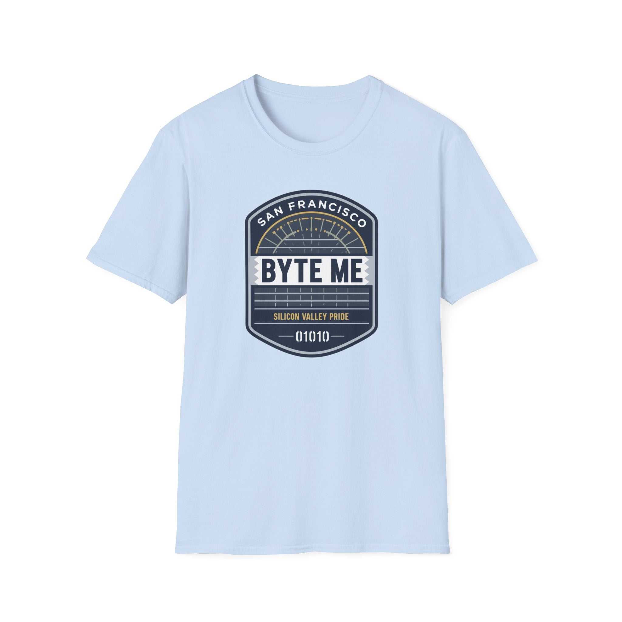 Byte Me San Francisco T-Shirt — Retro Tech Badge Tee (01010)