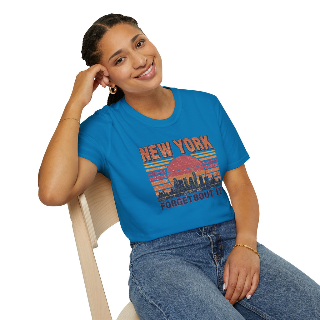 New York Skyline T‑Shirt – “Forgetbout It” Vintage Sunset Tee
