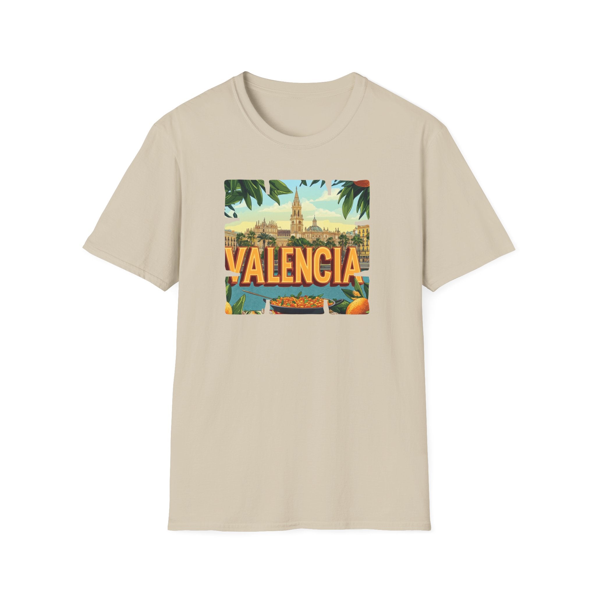 Valencia vintage travel postcard T-Shirt | Spain city skyline, oranges, palm leaves