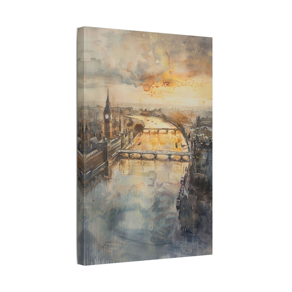 London River Sunset Canvas Print — Watercolor Cityscape Wall Art
