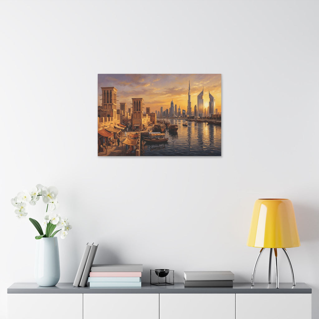 Dubai Skyline Canvas Print — Sunset Old Town Harbor Wall Art