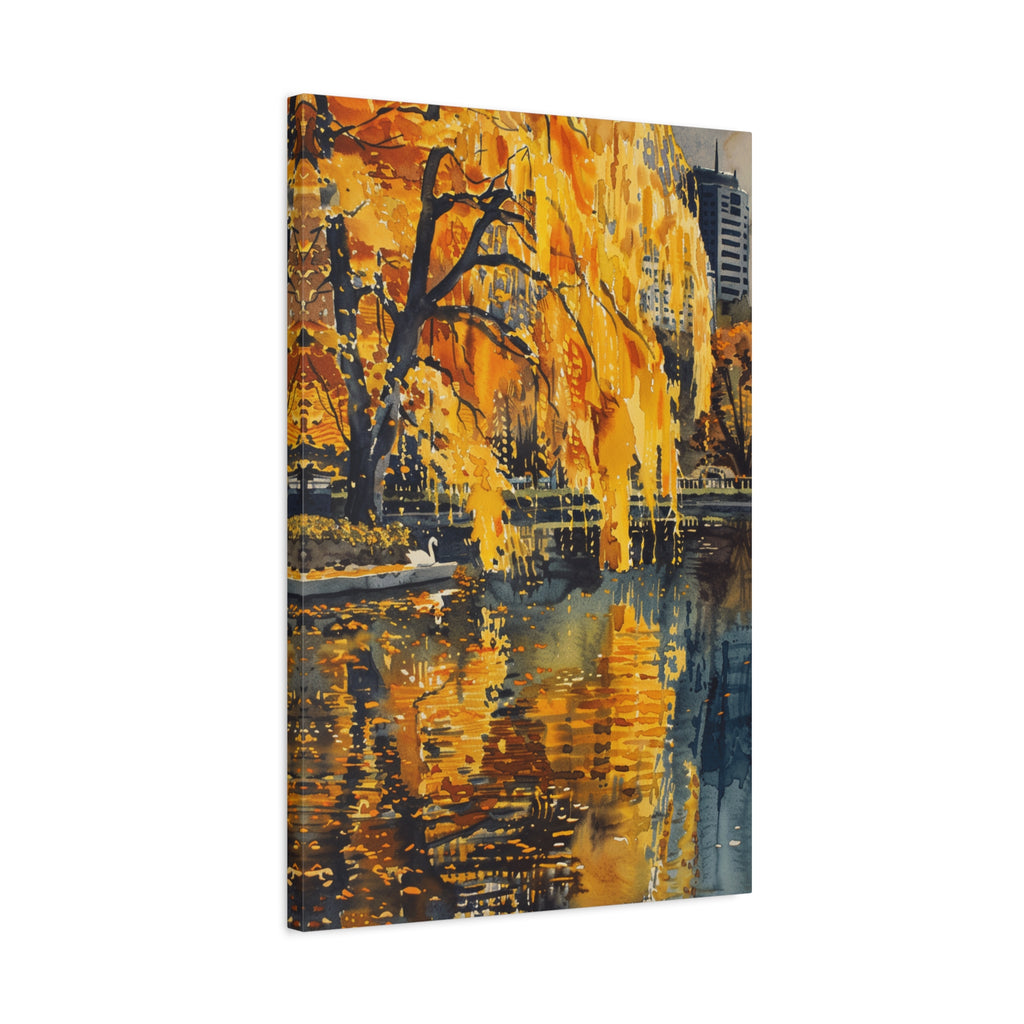 Boston Skyline with Hancock Tower in the background -Autumn Cityscape Canvas - Golden Willow Lake Stretched Wall Art