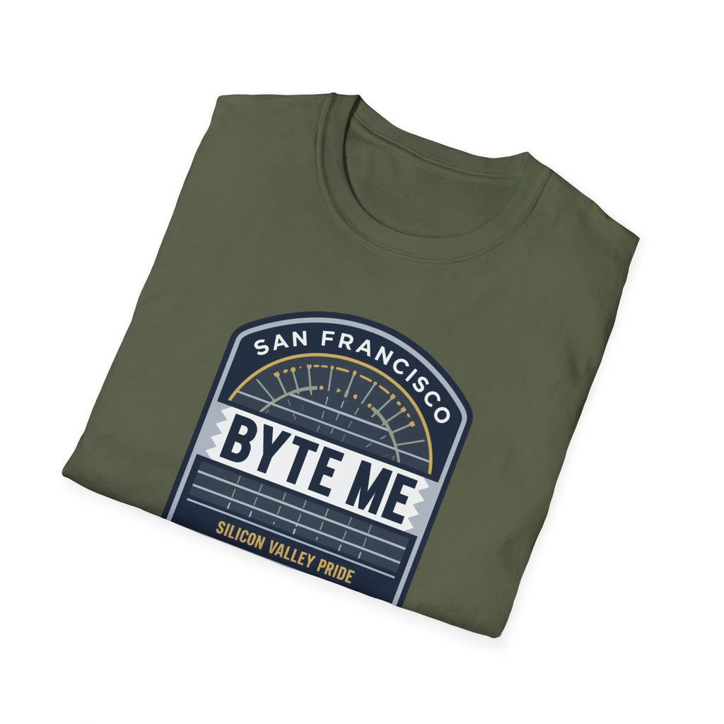 Byte Me San Francisco T-Shirt — Retro Tech Badge Tee (01010)