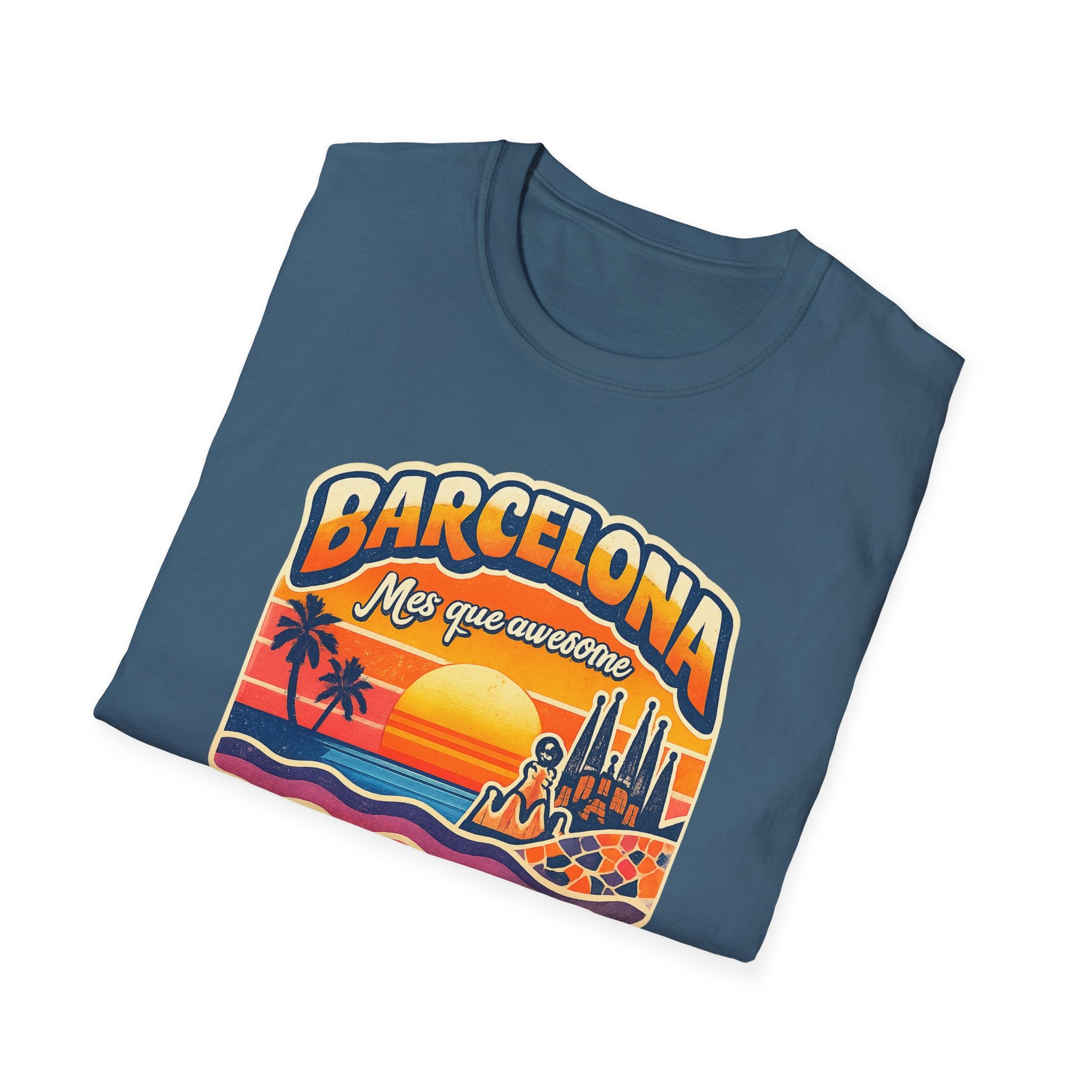 Barcelona Sunset Graphic T-Shirt — "Barcelona Más que un sueño" Vintage Beach Tee