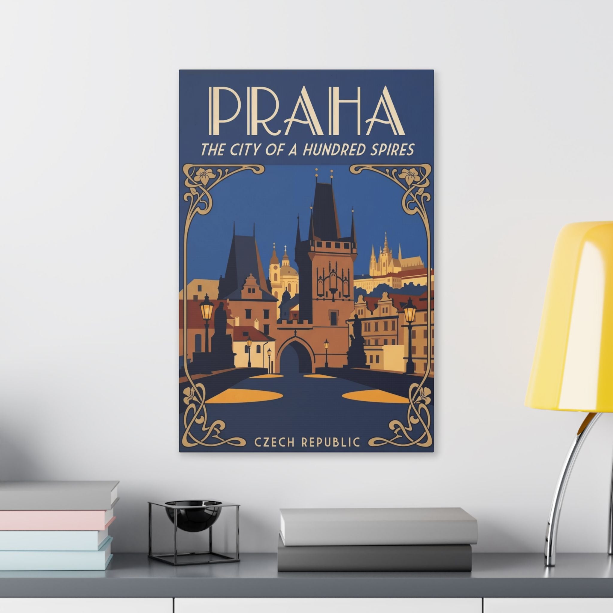 Praha Vintage Travel Canvas — "The City of a Hundred Spires" Stretched Wall Art