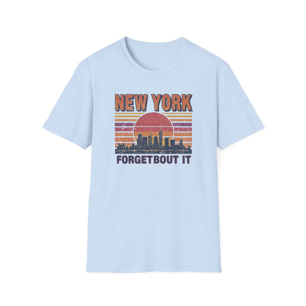 New York Skyline T‑Shirt – “Forgetbout It” Vintage Sunset Tee