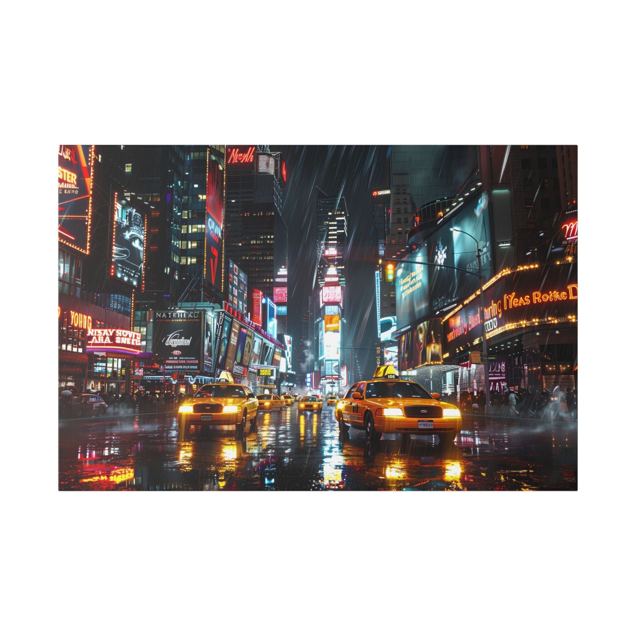 New York Night Street Canvas Print — Rainy Times Square Taxi Wall Art
