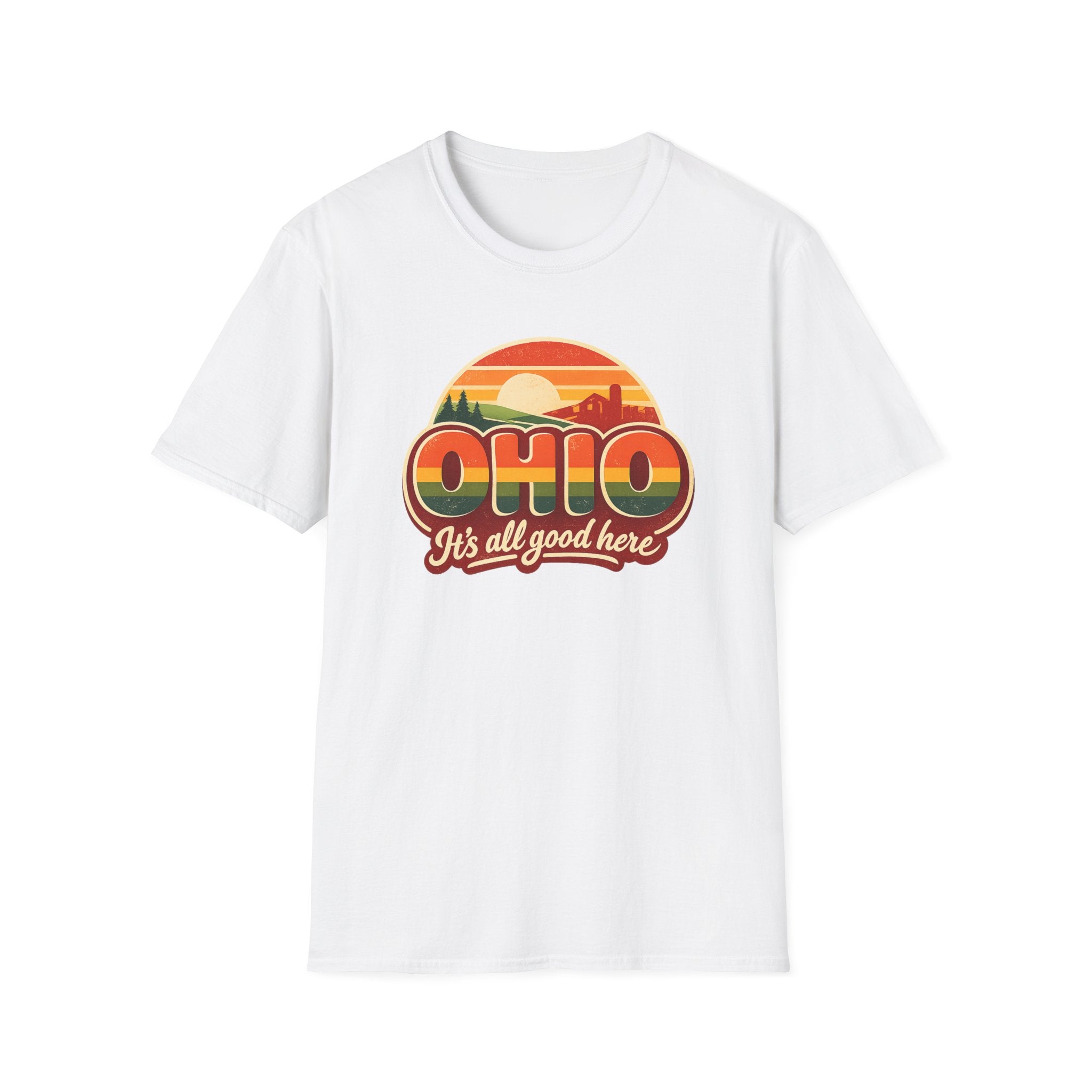 Ohio Retro Sunset T-Shirt — “Ohio It's All Good Here” Vintage State Tee