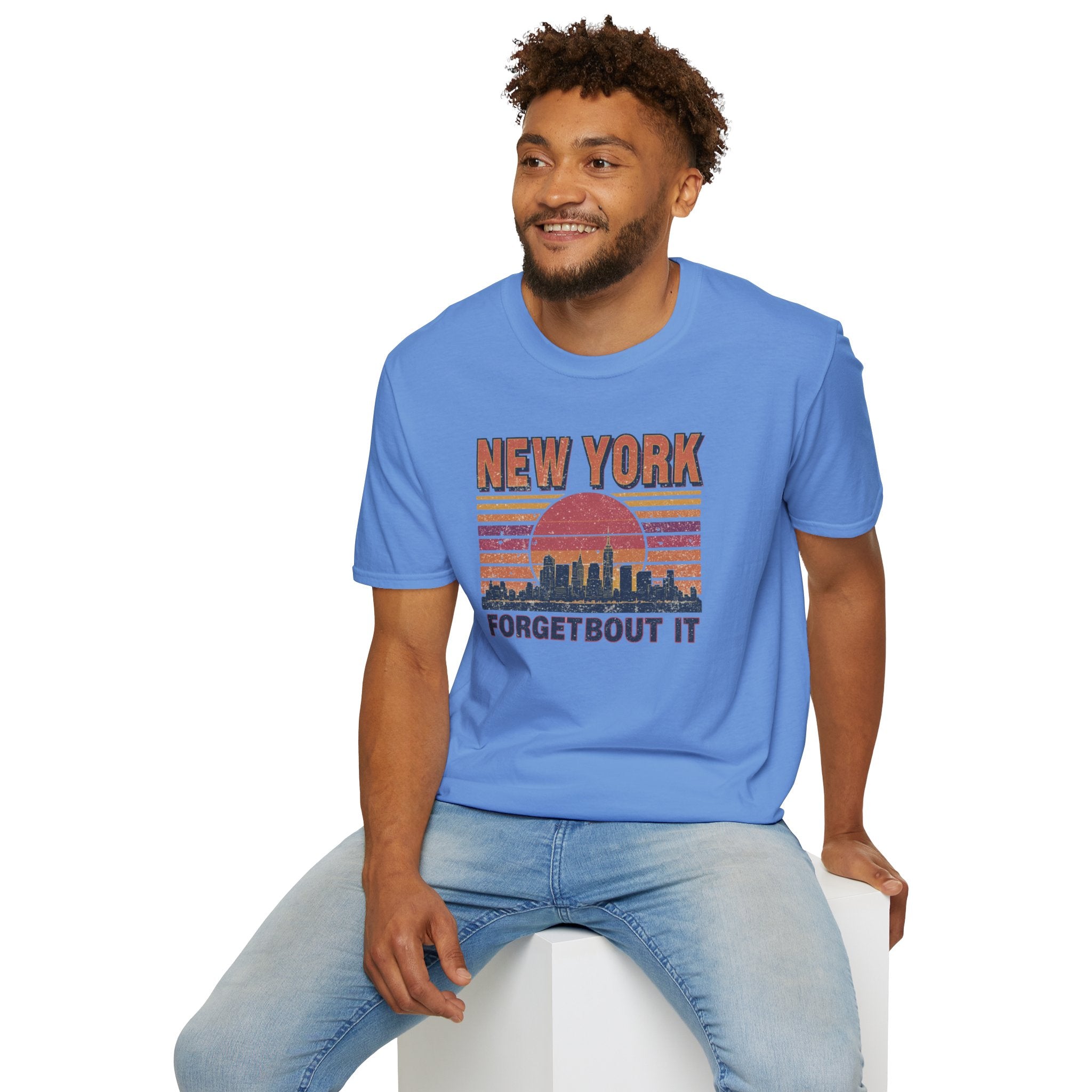 New York Skyline T‑Shirt – “Forgetbout It” Vintage Sunset Tee