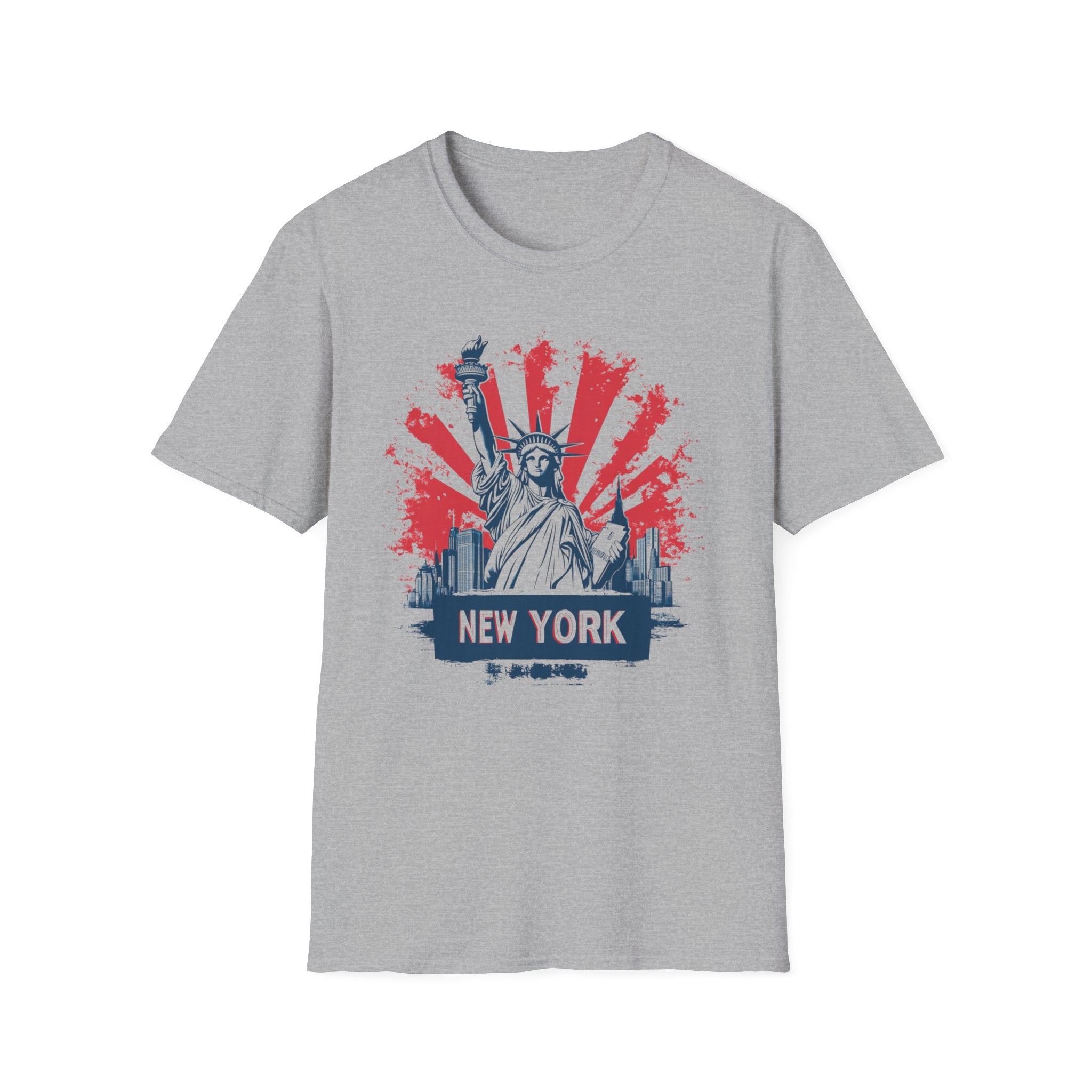 Statue of Liberty New York T-Shirt | City Skyline, Red Rays Graphic