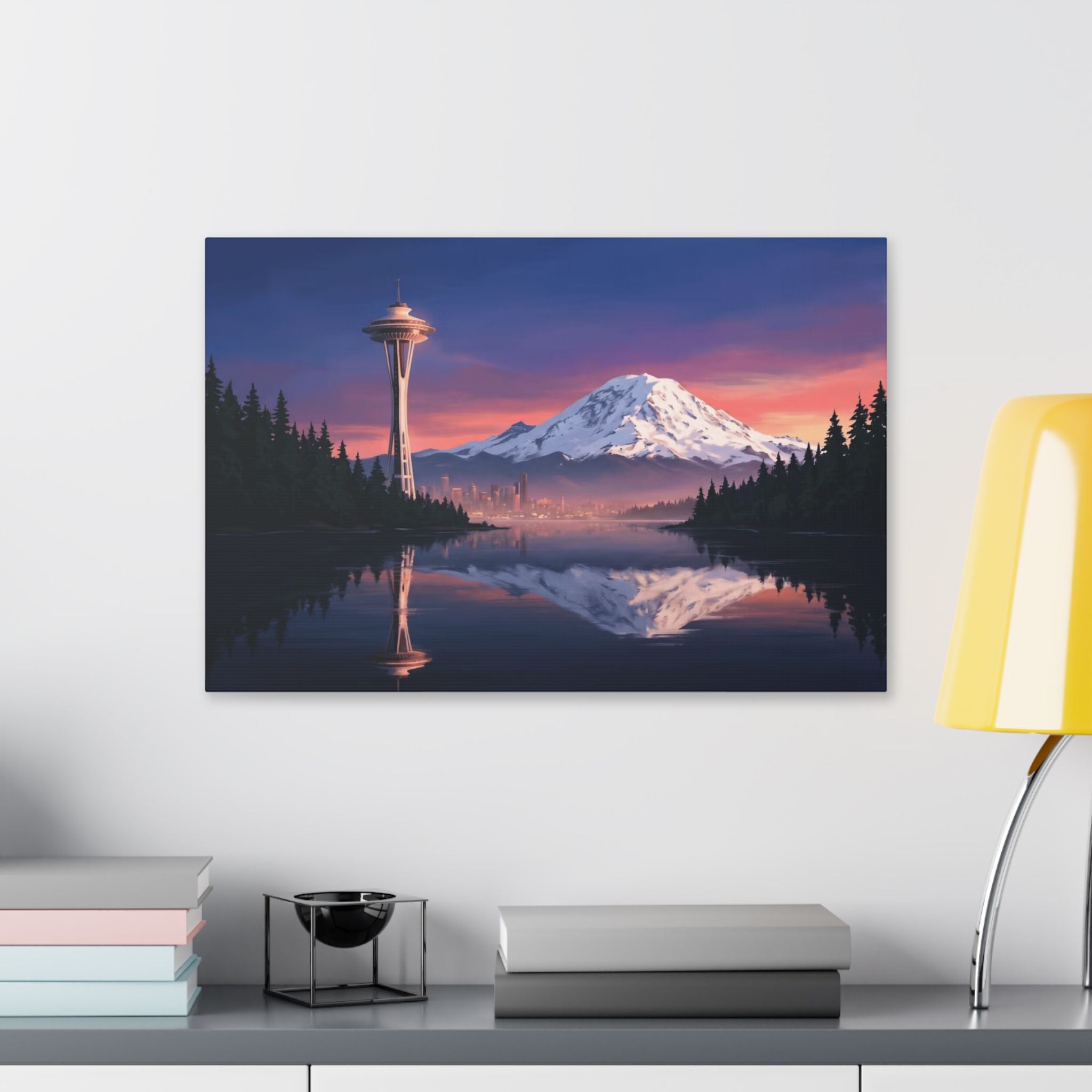 Seattle Sunset Canvas Print — Mount Rainier & Space Needle Reflection Wall Art