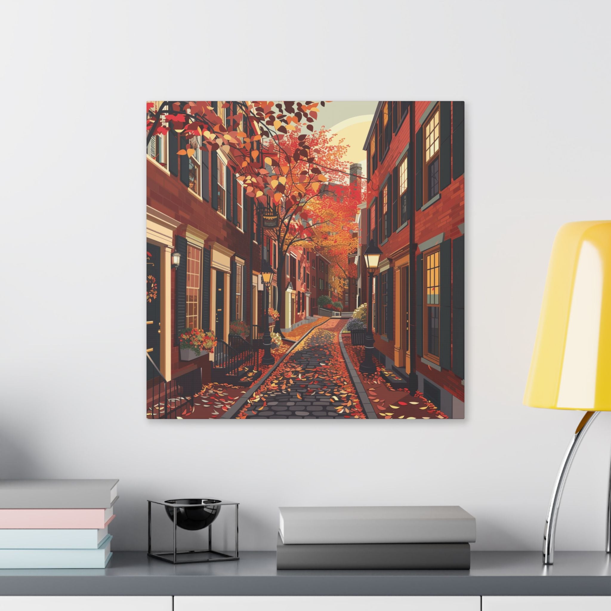 Boston Beacon Hill - New England - Acorn Street - Autumn Cobblestone Alley Stretched Canvas