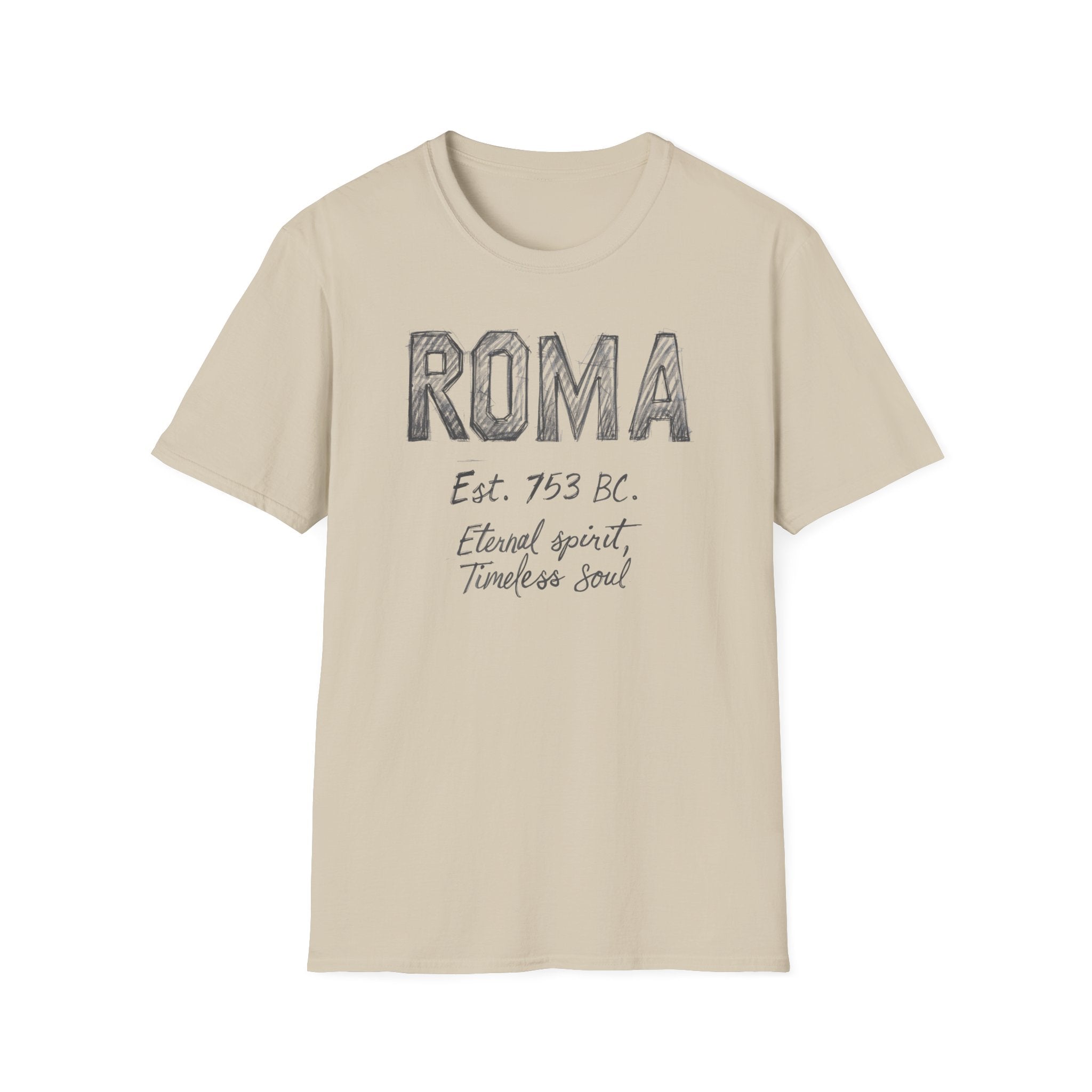 Roma Vintage Script T-Shirt — 'Roma Est. 753 BC, Eternal spirit, Timeless soul'