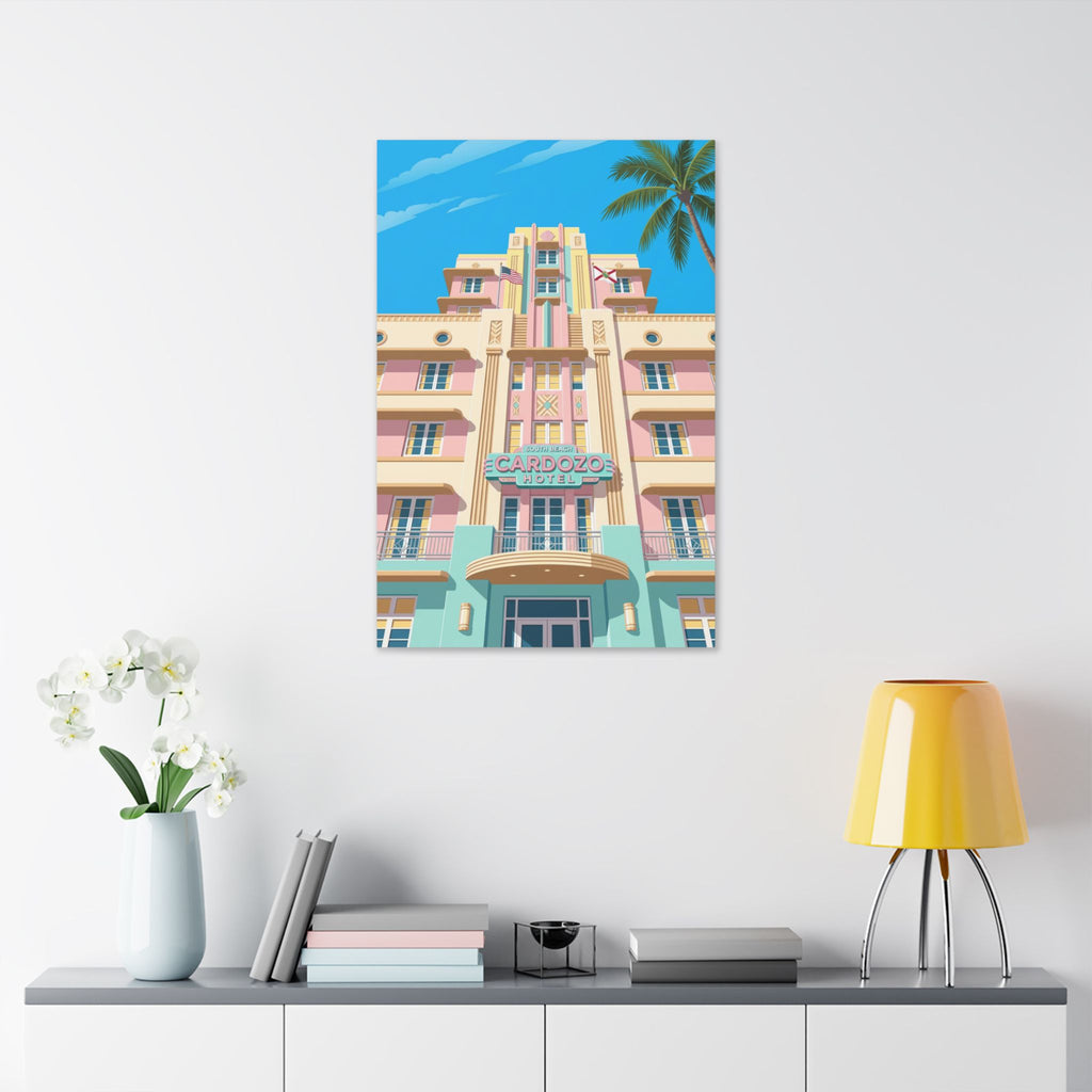Art Deco Beach Hotel Canvas — Miami Palm Retro Stretched Wall Art