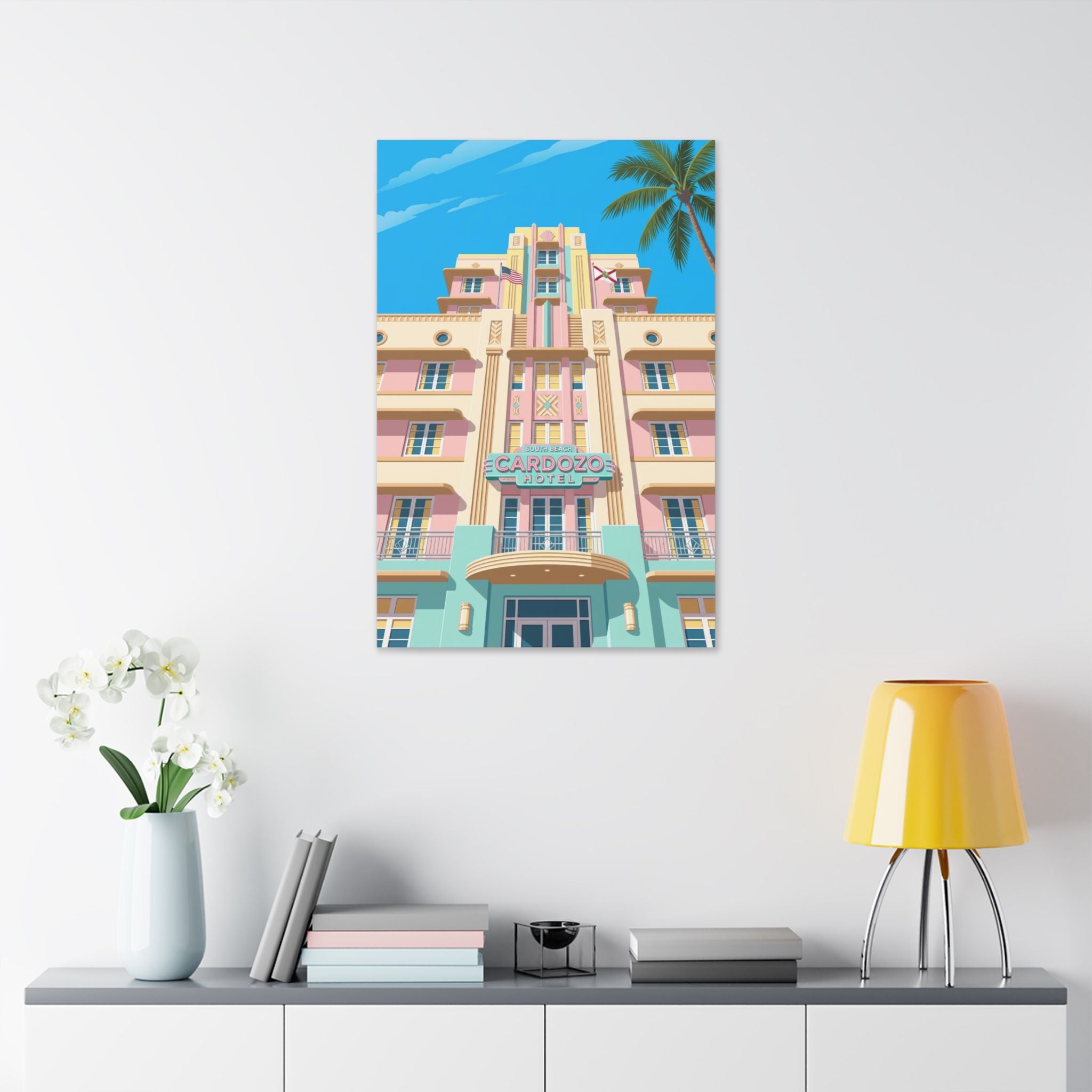 Art Deco Beach Hotel Canvas — Miami Palm Retro Stretched Wall Art