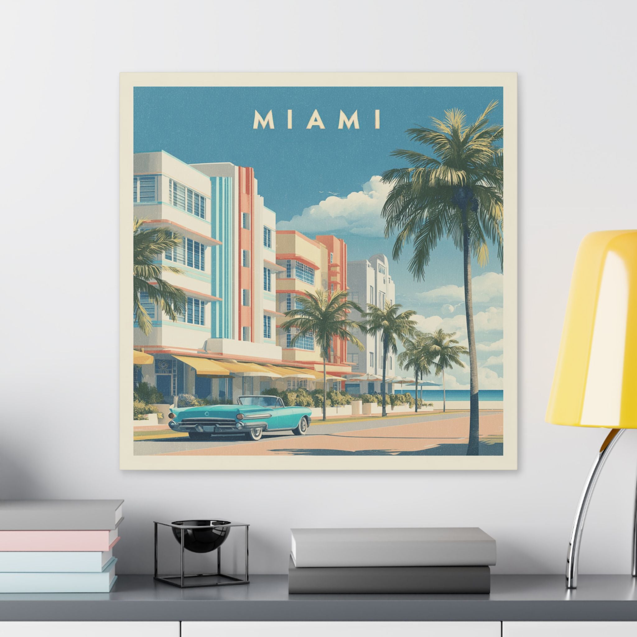 Miami Art Deco Canvas Print — Retro Palm Beach Scene