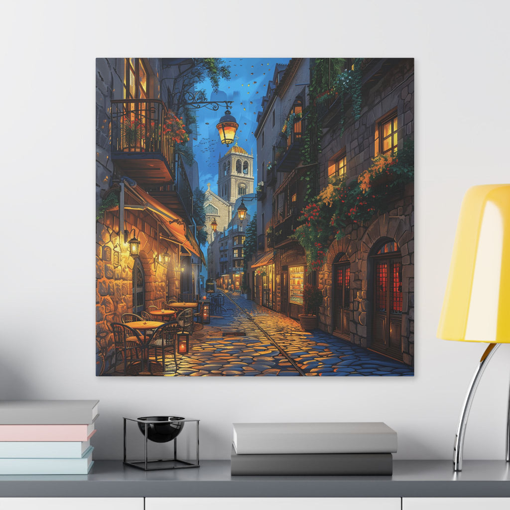 Gothic Quarter Street Barcelona - Evening Rue – European Cobblestone Street Stretched Canvas Wall Art