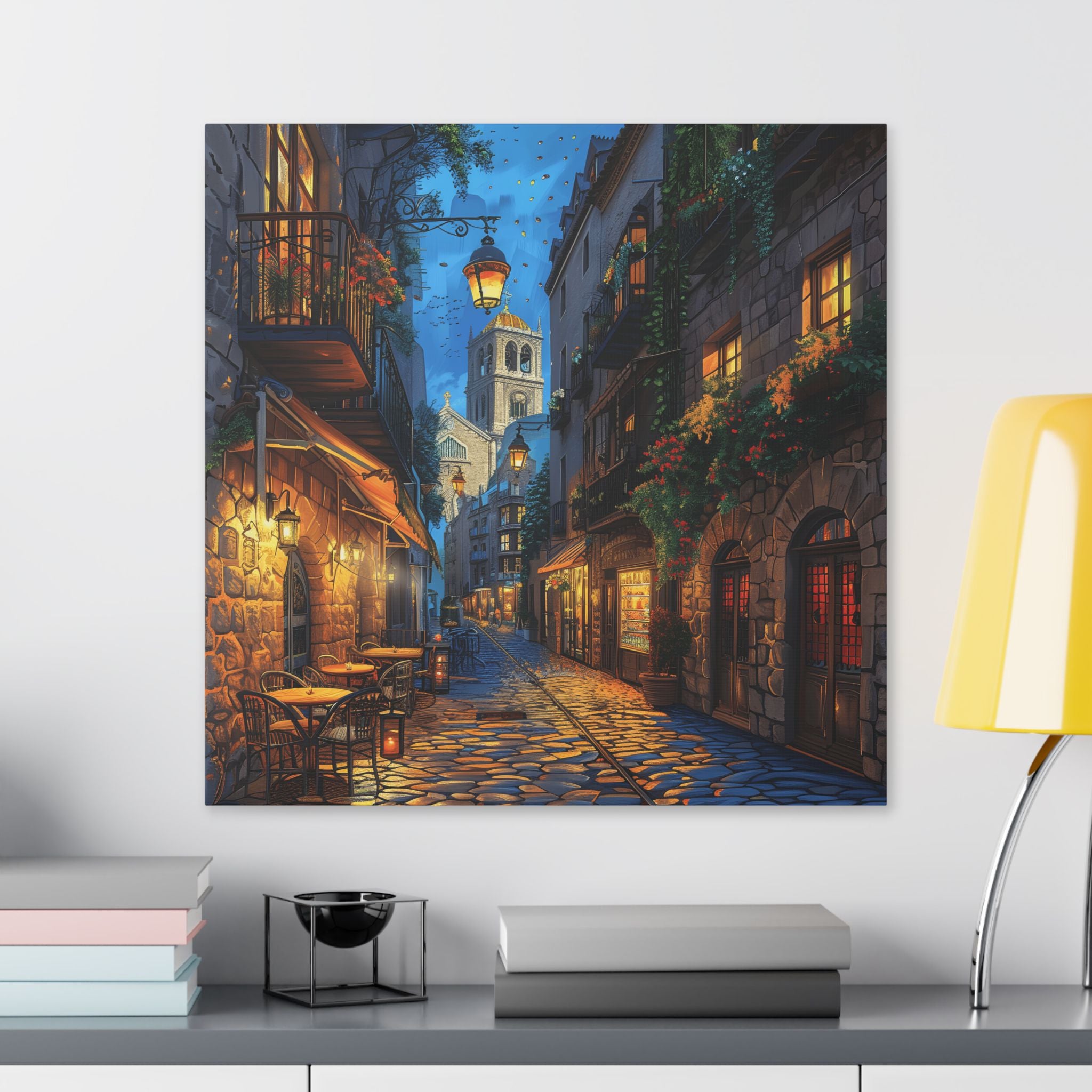 Gothic Quarter Street Barcelona - Evening Rue – European Cobblestone Street Stretched Canvas Wall Art