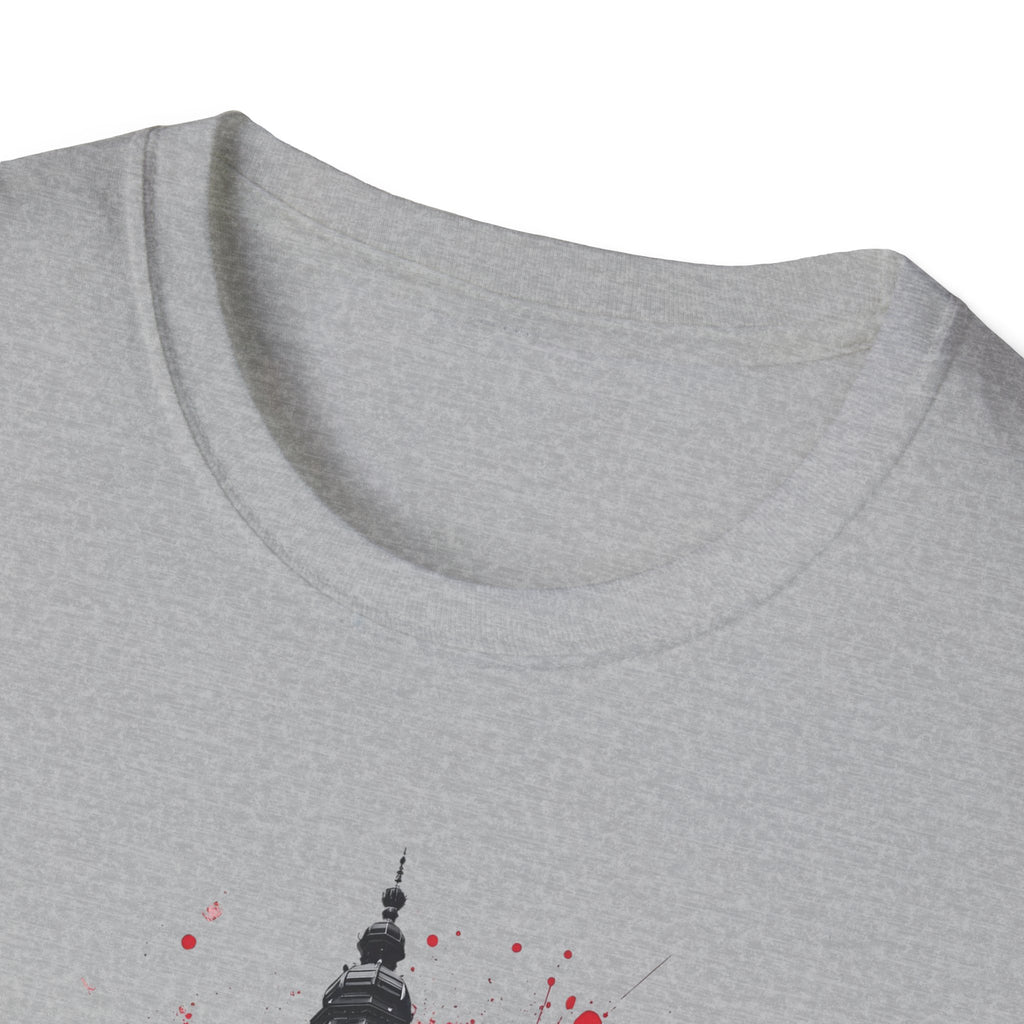 Munich Football Illustration T-Shirt | Soccer Ball, Clock Tower, Red Paint Splatter