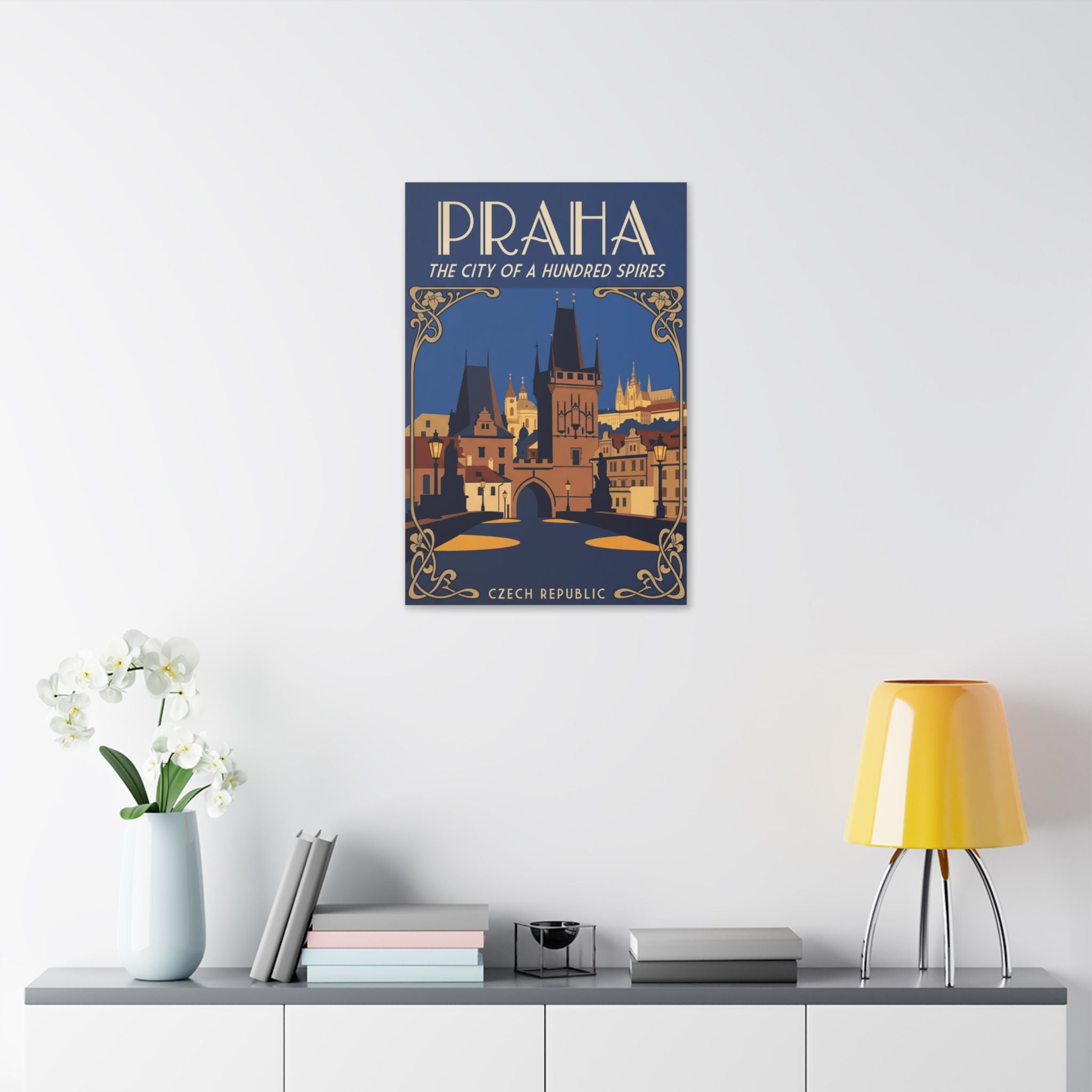 Praha Vintage Travel Canvas — "The City of a Hundred Spires" Stretched Wall Art
