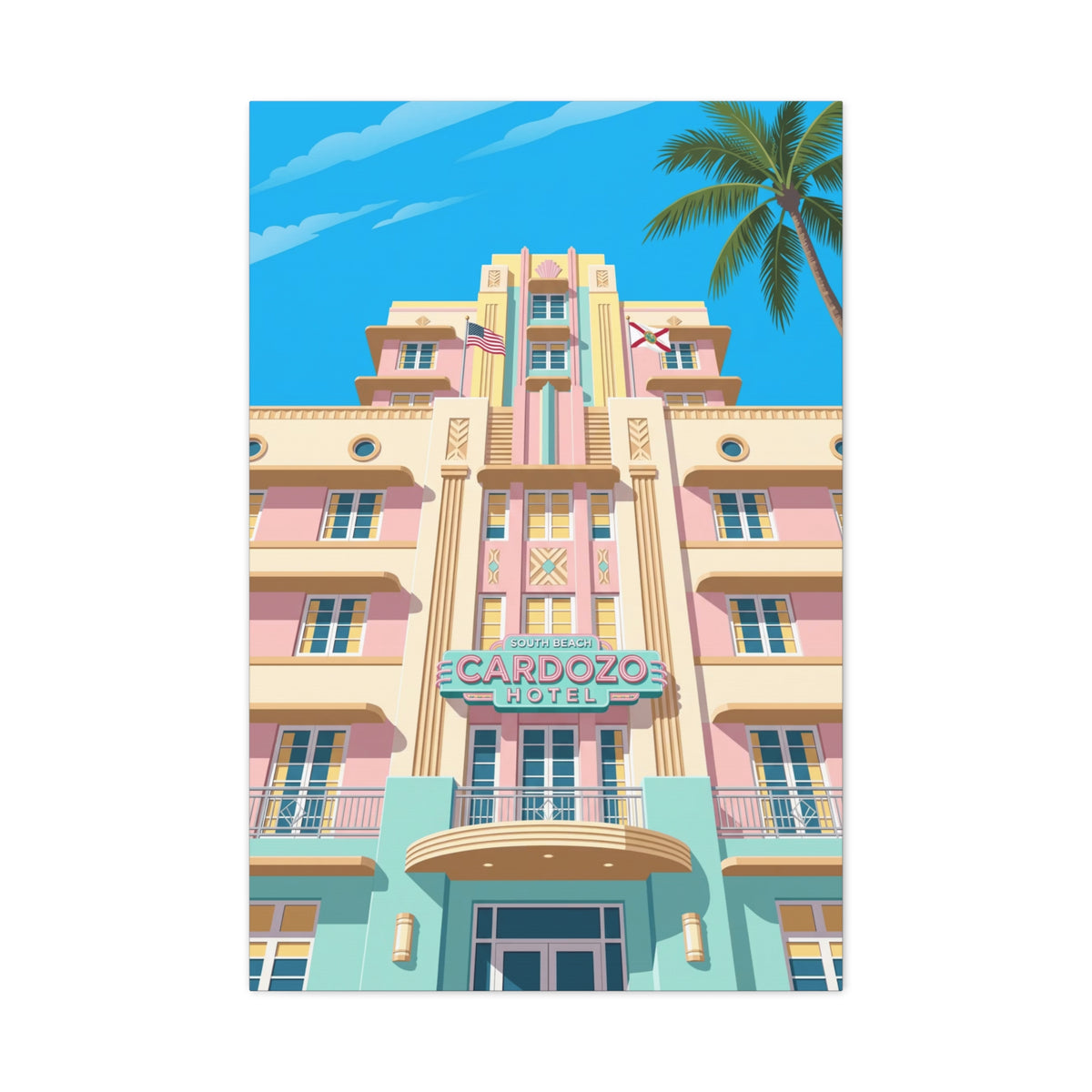 Art Deco Beach Hotel Canvas — Miami Palm Retro Stretched Wall Art