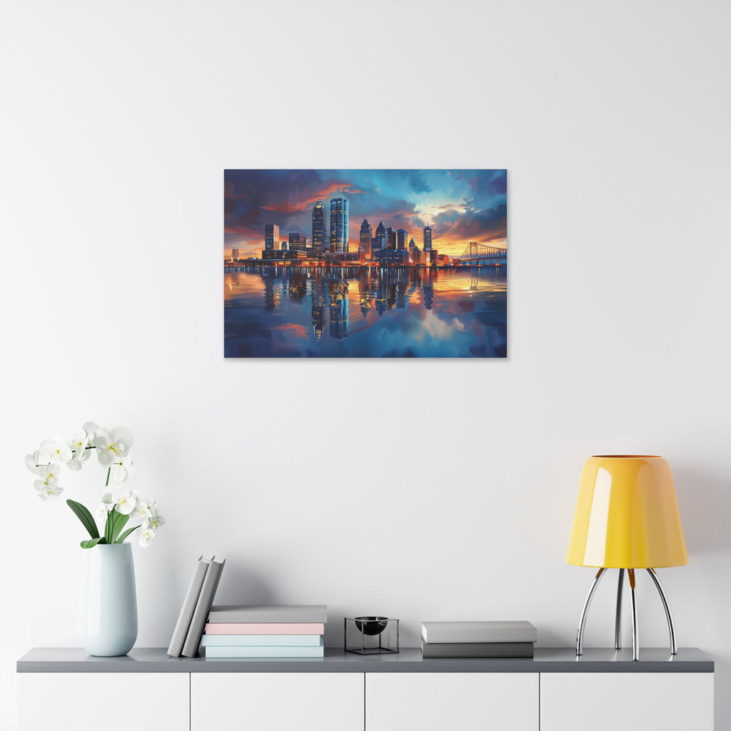 Detroit Skyline - Detroit River - Ambassador Bridge - Cityscape Reflection Canvas Print — Vibrant Skyline Wall Art