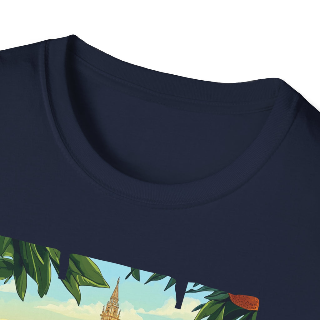 Valencia vintage travel postcard T-Shirt | Spain city skyline, oranges, palm leaves