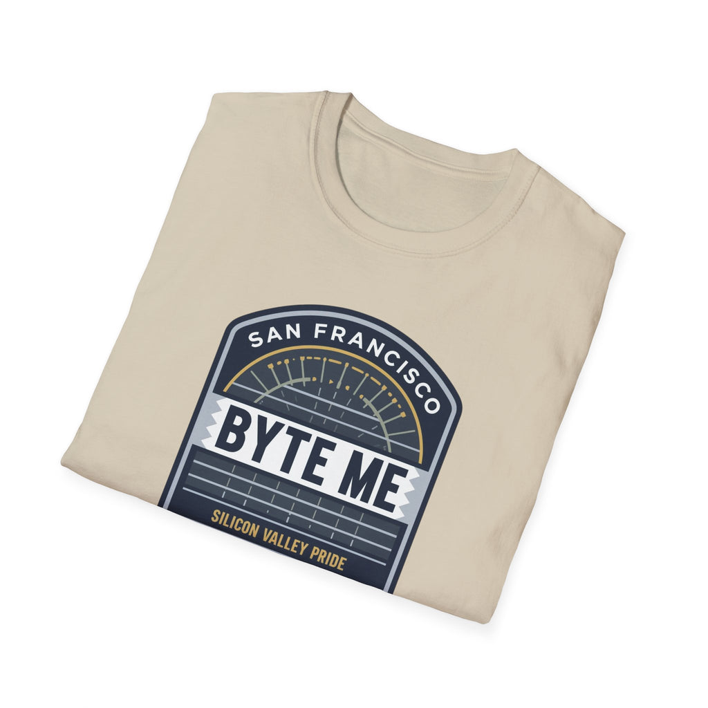 Byte Me San Francisco T-Shirt — Retro Tech Badge Tee (01010)