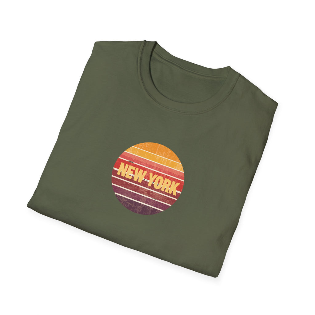 Retro Sunset New York T-Shirt | Vintage Striped City Graphic