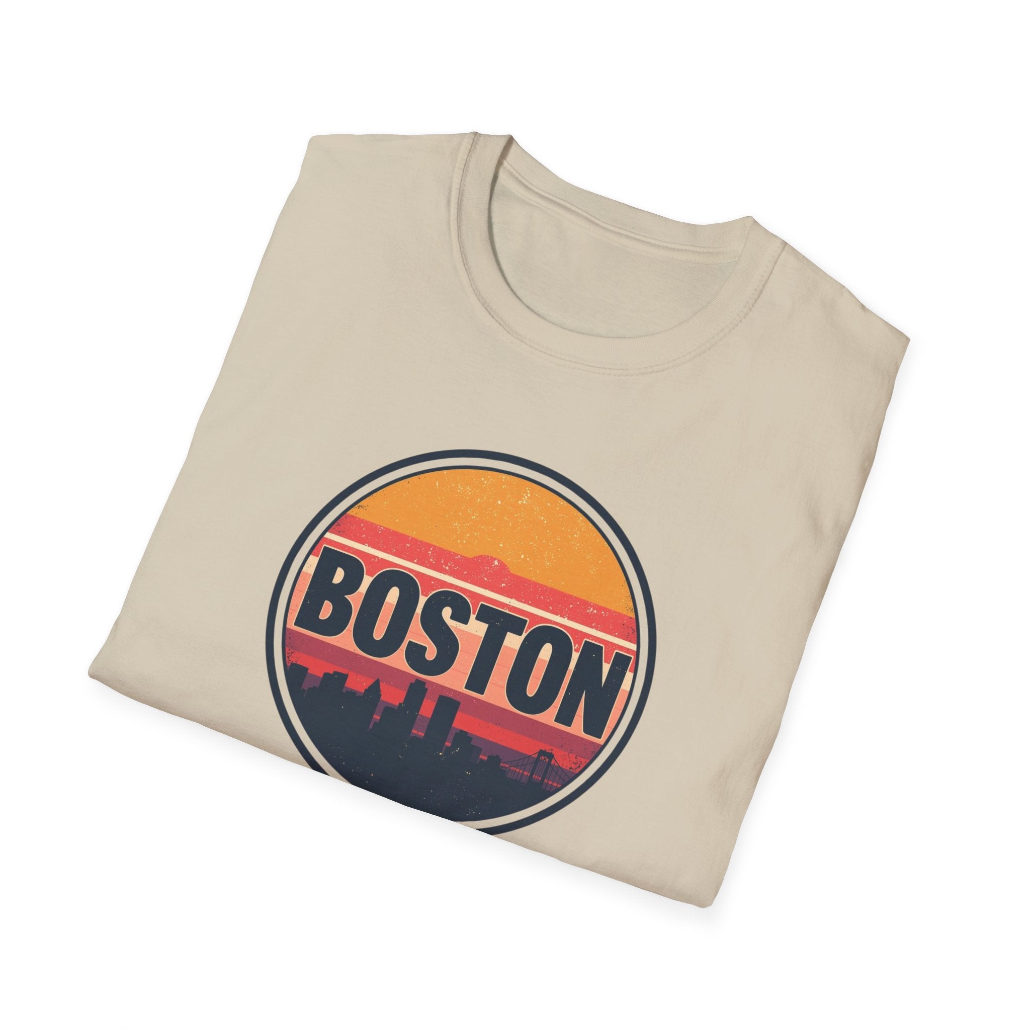 Boston Skyline Circle T‑Shirt — Retro Sunset City Graphic