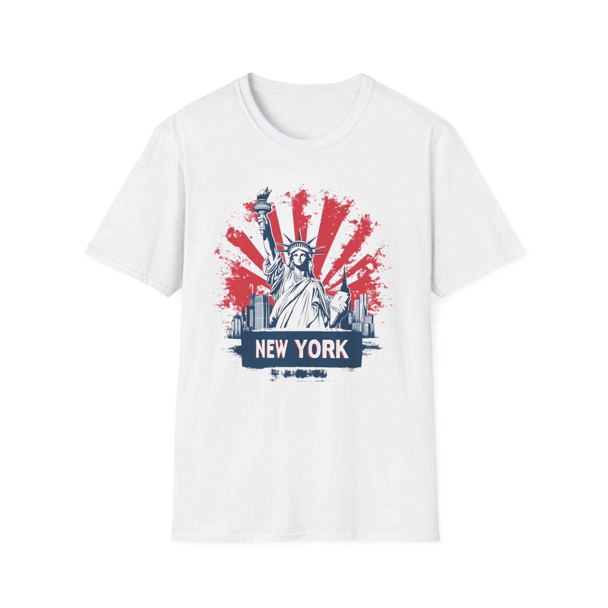 Statue of Liberty New York T-Shirt | City Skyline, Red Rays Graphic