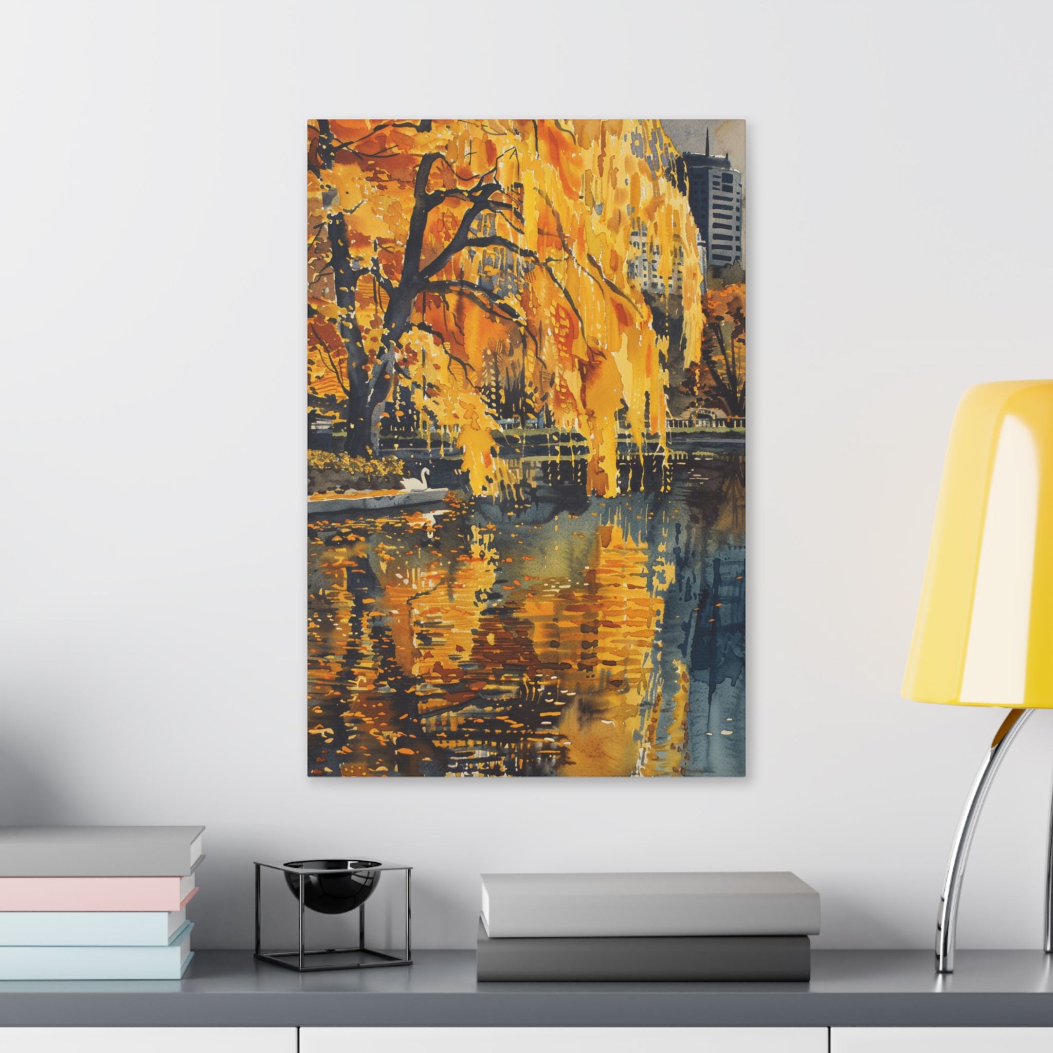 Boston Skyline with Hancock Tower in the background -Autumn Cityscape Canvas - Golden Willow Lake Stretched Wall Art