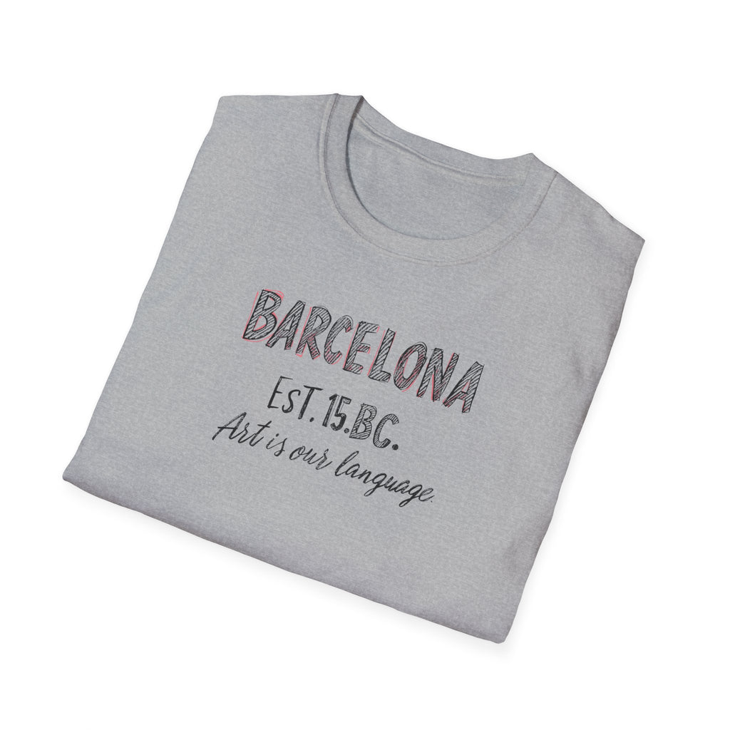 Barcelona Est. 15 B.C. T-Shirt – Vintage Travel Tee with "Art is our language" Script