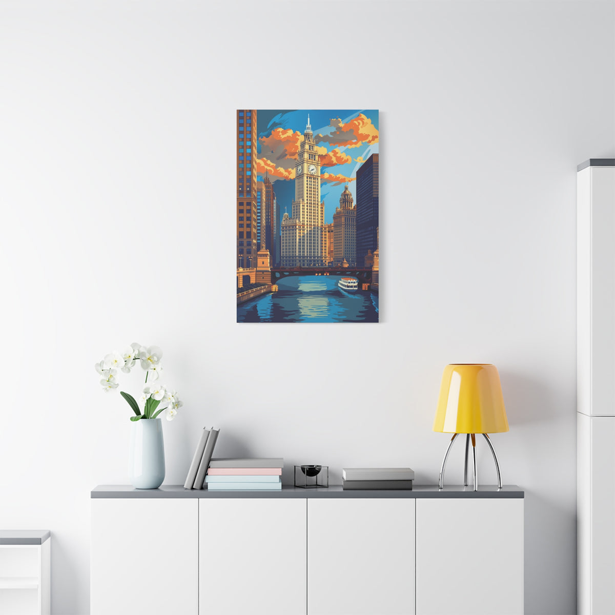 Chicago River Skyline Stretched Canvas — Vintage Cityscape Wall Art