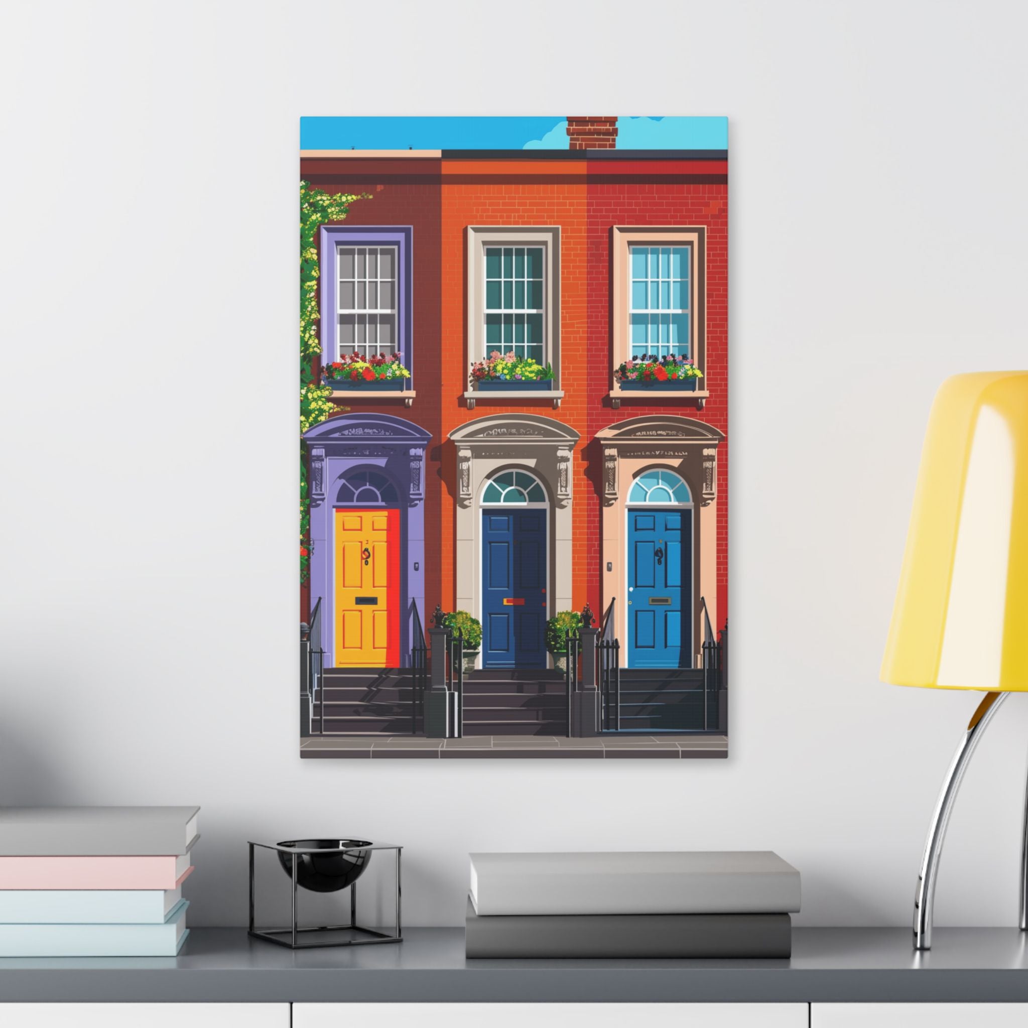 Dublin Georgian Doorway Street Scene - Colorful Rowhouse Canvas Wall Art — Vibrant Townhouse Street Scene
