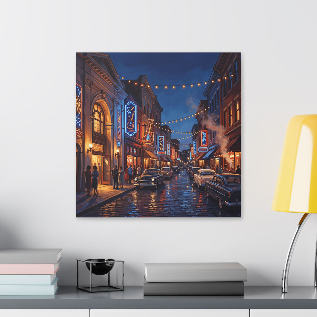 Kansas City 18th and Vine Jazz District -Vintage Neon Main Street Canvas Print — Retro Nighttime Cityscape Wall Art