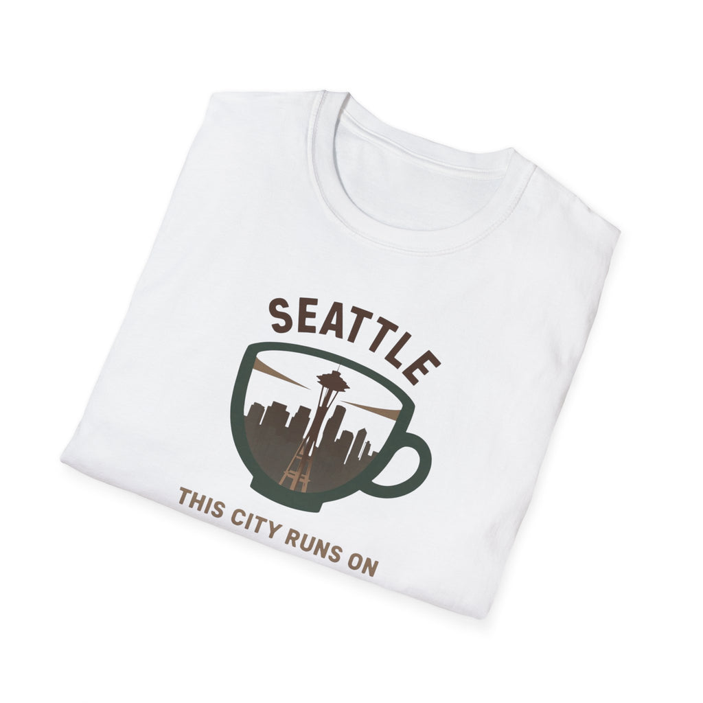 Seattle Coffee City T-Shirt — "This City Runs on Caffeine and Chaos"