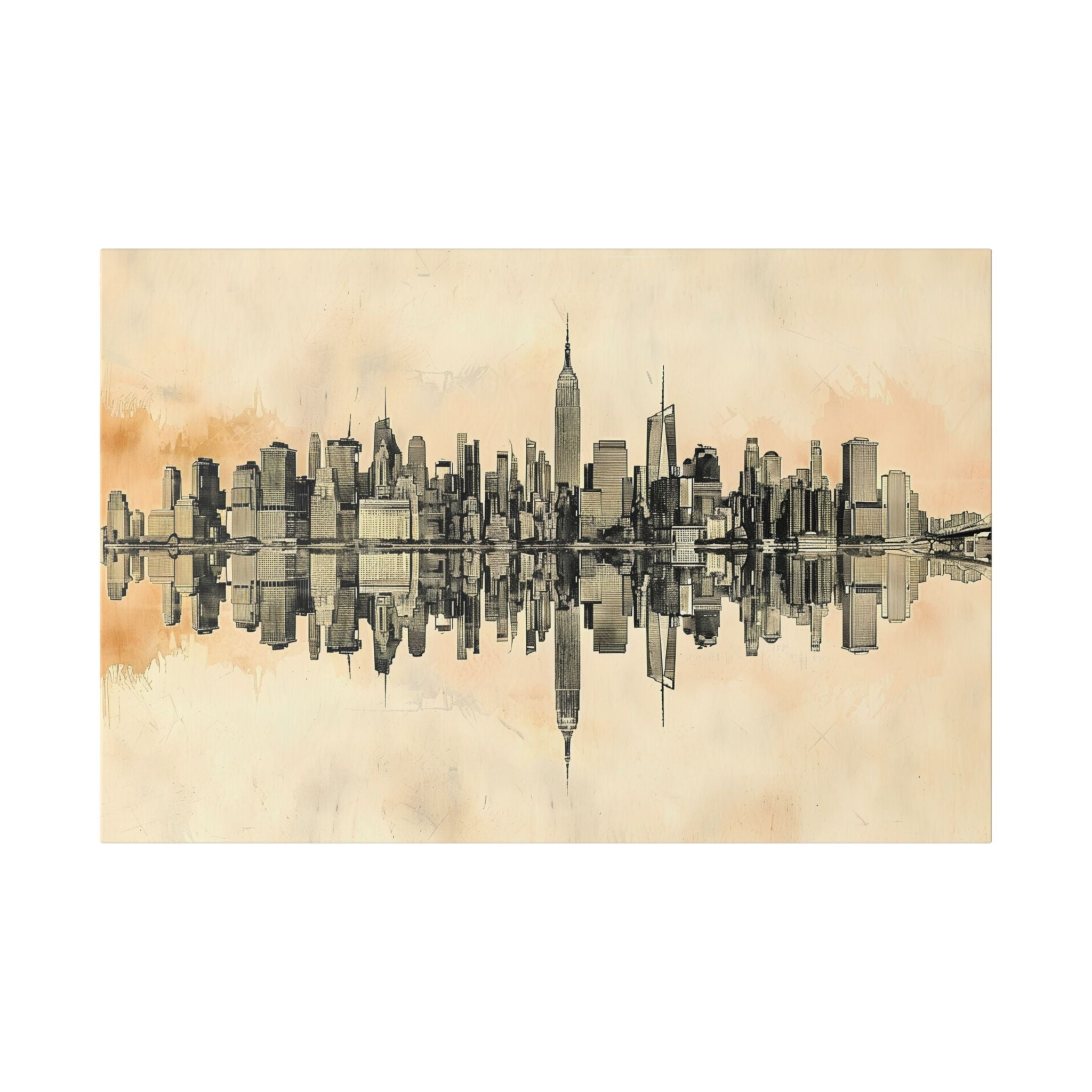 New York City Skyline Canvas Print — Sepia Watercolor Mirror Reflection Wall Art
