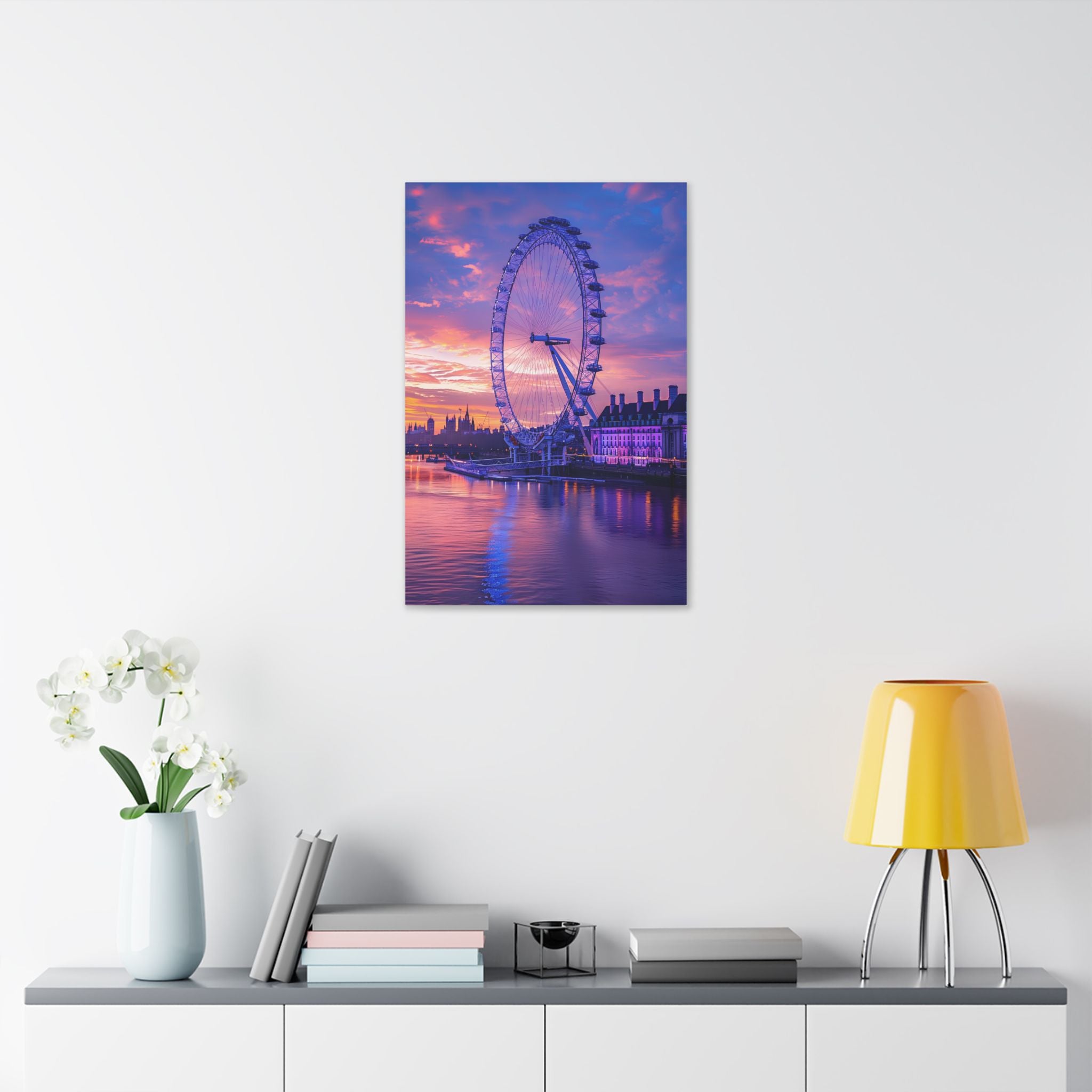 London Eye Sunset Canvas Wall Art — Purple Sunrise Cityscape Stretched Canvas