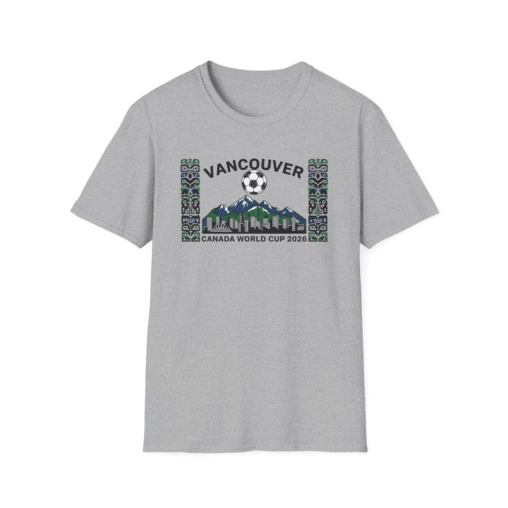 Vancouver Canada World Cup 2026 Soccer T-Shirt — City Skyline & Indigenous Pattern