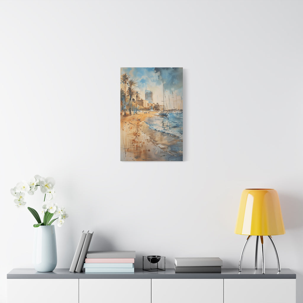 Barcelona Coastal Harbor Beach Stretched Canvas — Seaside Watercolor Wall Art