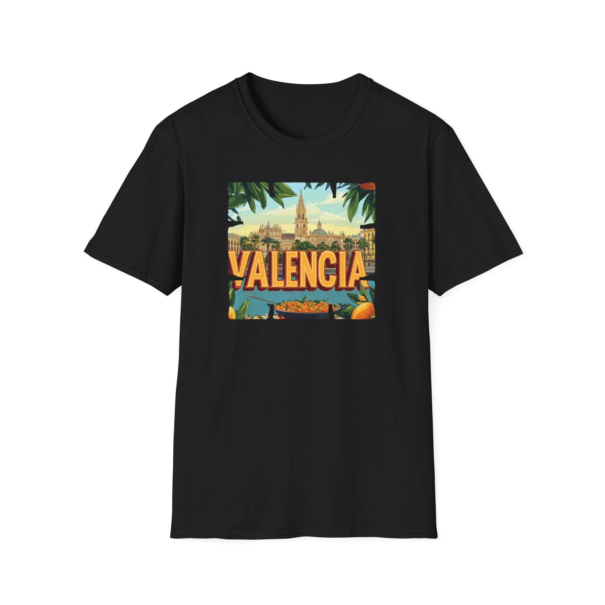 Valencia vintage travel postcard T-Shirt | Spain city skyline, oranges, palm leaves