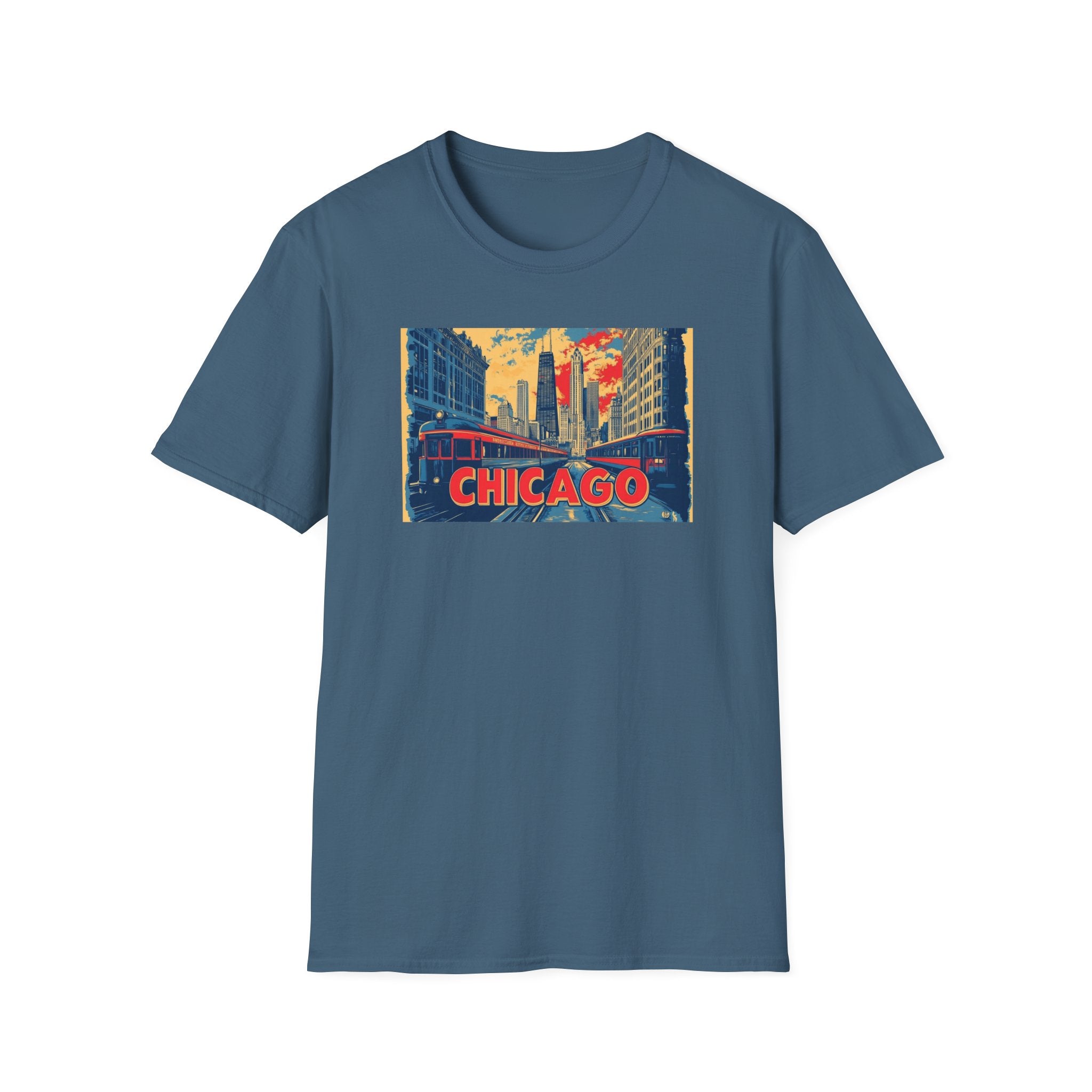 Chicago Cityscape T-Shirt | Vintage Skyline, El Train Poster Style